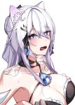  +_+ 1girl absurdres animal_ear_fluff animal_ears armpits bare_shoulders bikini black_bikini black_bow blue_eyes blush bow breast_hold breasts cat_ears cat_girl cleavage collarbone detached_collar fang from_side godcastlenoa hair_bow highres honkai_(series) honkai_impact_3rd huge_breasts kemonomimi_mode kiana_kaslana kiana_kaslana_(herrscher_of_finality) looking_at_viewer open_mouth portrait simple_background solo swimsuit wavy_mouth white_background white_hair 