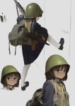  1girl absurdres aks-74u assault_rifle backpack bag black_serafuku black_skirt bob_cut brown_hair chest_rig combat_helmet door garoppui gun gun_sling helmet highres holding holding_gun holding_weapon kalashnikov_rifle kicking loafers long_sleeves mary_janes military military_uniform original pantyhose pleated_skirt rifle school_uniform serafuku shoes short_hair shotgun skirt soldier solo_focus soviet uniform weapon weapon_request yellow_eyes 