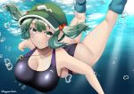  1girl ass black_one-piece_swimsuit blue_background blue_eyes blue_footwear blue_hair blush boots breasts bubble cleavage commentary_request flat_cap green_headwear hair_bobbles hair_ornament hat highres jewelry kagiyama_shachou kawashiro_nitori key key_necklace large_breasts looking_at_viewer medium_hair necklace one-piece_swimsuit sidelocks solo swimsuit touhou two_side_up underwater 