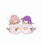  2girls animal_ears bird blunt_bangs braid chibi closed_eyes closed_mouth earrings genshin_impact hair_between_eyes hair_ornament highres japanese_clothes jewelry long_hair lying multiple_girls on_stomach one_eye_closed open_mouth pink_hair purple_hair raiden_shogun simple_background single_braid white_background yae_miko yuita-kun yuri 