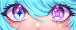  1girl blue_eyes close-up eye_focus eyelashes green_hair gwen_(league_of_legends) hair_between_eyes highres koemi_ky_(koemi_nei) league_of_legends looking_at_viewer solo sparkling_eyes symbol_in_eye 