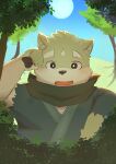  1boy bara black_eyes black_scarf bright_pupils dog_boy forest furry furry_male highres japanese_clothes komu_(komu_san08) looking_at_viewer male_focus nature ninja open_mouth outdoors pawpads scarf solo the_spicy_ninja_scrolls tree wasabi_(spicy_ninja_scrolls) white_pupils 