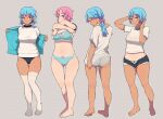  2girls ass ass_visible_through_thighs barefoot blue_bra blue_hair blue_panties bow bow_bra bow_panties bra bra_visible_through_clothes breasts buruma closed_mouth clothes_lift feet from_behind full_body grey_panties gym_uniform hair_ornament hair_scrunchie highres koeru_otoge-san legs lifted_by_self lineart long_hair looking_at_viewer looking_back medium_breasts multiple_girls multiple_views navel neyuki_rei original otouge_azuki panties pink_eyes pink_hair pink_scrunchie ponytail scrunchie see-through see-through_shirt shirt shirt_lift shirt_tug short_hair short_shorts shorts thighhighs thighs underwear unzipped white_shirt white_thighhighs yellow_eyes 