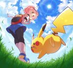  1girl backpack bag bettie_(pokemon) black_leggings blue_footwear blue_shorts closed_mouth cloud day falling_leaves from_below grass hanamori_mito highres holding_strap leaf leggings looking_down off-shoulder_shirt off_shoulder outdoors pikachu pink_hair pokemon pokemon_(creature) pokemon_masters_ex red_bag shirt shoes short_hair shorts sky smile undershirt visor_cap white_headwear white_shirt yellow_eyes 