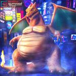 3_fingers 3_toes ambiguous_gender anthro artist_logo artist_name belly belly_scales big_belly blue_eyes blue_membrane charizard city detailed detailed_scales detective_pikachu_(video_game) digital_media_(artwork) drakaar feet fingers fire generation_1_pokemon gumroad gumroad_logo hi_res logo male membrane_(anatomy) moobs nintendo orange_body orange_scales outside overweight patreon pokemon pokemon_(species) scales scalie solo spread_wings standing tail_fire thick_neck toes wings
