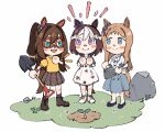  3girls animal_crossing animal_ears aqua_eyes blue_eyes blue_footwear blue_jacket blue_skirt blush_stickers boots bow brown_hair closed_mouth domino_mask dress ear_bow el_condor_pasa_(umamusume) flats full_body grass_wonder_(umamusume) hand_on_own_hip highres holding holding_shovel horse_ears horse_girl horse_tail jacket long_hair looking_at_another mask multiple_girls oo_sungnim open_mouth ponytail purple_eyes rock shirt shoes short_hair shovel skirt smile special_week_(umamusume) sprout standing tail umamusume watering_can white_background white_dress white_footwear white_shirt yellow_shirt 