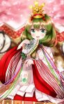  1girl blurry blurry_background bottle front_ponytail green_eyes green_hair hand_fan highres hinamatsuri holding holding_bottle holding_fan japanese_clothes kagiyama_hina kimono open_mouth ruu_(tksymkw) smile solo touhou wide_sleeves 