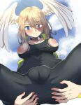 2022 absurd_res areola big_areola big_breasts blonde_hair blue_eyes blue_sky blush breast_squish breasts bursting_breasts camel_toe cheesoart clothing cloud collar detailed_background eunie_(xenoblade) exposed_breasts feathered_wings feathers female female_humanoid genital_outline glistening glistening_hair hair head_wings hi_res holding_butt humanoid light_body light_skin long_hair looking_at_viewer looking_down low-angle_view montgomery_glands outside plump_camel_toe pouting puffy_areola pussy_outline skinsuit sky solo spread_legs spreading squish tight_clothing torn_skinsuit white_body white_feathers wings xenoblade_chronicles_3
