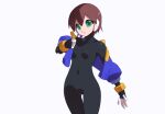  1girl aile_(mega_man_zx) black_bodysuit blue_footwear blue_jacket bodysuit bodysuit_under_clothes breasts brown_hair collarbone commentary_request cropped_jacket green_eyes jacket kaidou_zx mega_man_(series) mega_man_zx no_pants open_clothes open_jacket removing_jacket robot_ears short_hair simple_background small_breasts white_background 