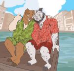 2024 anthro beard biped black_beard boat body_hair bottomwear brown_body chest_hair clothed clothing cloven_hooves day domestic_pig duo eyebrows facial_hair fuf hi_res hooves looking_at_viewer male mammal outside shirt shorts sitting slightly_chubby slightly_chubby_male smile smiling_at_viewer suid suina sus_(pig) teeth topwear vehicle water watercraft white_body