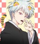  1boy akagi:_yami_ni_oritatta_tensai akagi_shigeru animal_ears black_kimono claw_pose commentary_request fake_animal_ears fake_tail fingernails fugusashi_(fgss2089) fukumoto_mahjong grey_hair japanese_clothes kimono long_sleeves looking_at_viewer male_focus medium_bangs open_mouth red_eyes solo tail tiger_ears tiger_tail upper_body 