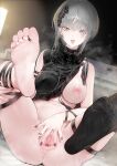  1girl absurdres animal_ears aos barefoot black_nails black_thighhighs breasts censored feet feet_up foot_focus full_body grey_eyes grey_hair highres indie_virtual_youtuber kanaut_nishe large_breasts looking_at_viewer mosaic_censoring navel nipples no_shoes one_breast_out open_mouth pussy short_hair single_thighhigh soles solo spread_pussy thighhighs toes virtual_youtuber 