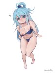  1girl ? absurdres aqua_(konosuba) arm_support artist_name bikini blue_bikini blue_eyes blue_hair bow breasts hair_between_eyes hair_ornament highres kono_subarashii_sekai_ni_shukufuku_wo! light_blush long_hair medium_breasts nipples pulled_by_self simple_background single_hair_ring smile solo sweat swimsuit thighs v vanabette white_background 