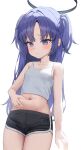  1girl aged_down black_shorts blue_archive blush breasts closed_mouth crop_top damcheong dolphin_shorts halo hand_on_own_stomach highres light_frown long_hair mechanical_halo midriff navel purple_eyes purple_hair short_shorts shorts simple_background small_breasts solo tank_top two_side_up white_background white_tank_top yuuka_(blue_archive) 