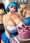  3girls absurdres bare_shoulders black_hair blue_eyes blue_hair blue_skirt bracelet breasts cleavage erkaz food fruit gigantic_breasts hairband head_tilt highres indoors jewelry looking_at_viewer medium_hair miniskirt multiple_girls open_mouth original party_horn plate pleated_skirt red_eyes rey_tannhauser_(erkaz) rina_atherina skirt smile strapless strawberry tank_top tube_top twintails v white_hairband yukihana_(erkaz) 