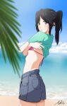  2girls absurdres aki_(user_zsvk8783) beach bikini bikini_under_clothes black_hair blue_eyes blue_sky blush breasts clothes_lift cloud from_side hibike!_euphonium highres kasaki_nozomi lifted_by_self liz_to_aoi_tori long_hair looking_at_viewer multiple_girls ocean open_mouth pink_bikini ponytail shirt_lift shorts signature sky small_breasts solo swimsuit torn_clothes torn_shorts 