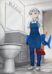  1girl absurdres apron bathroom blue_eyes blue_gloves blue_hair blush carbide444 denim drawer frown gawr_gura gloves highres hololive hololive_english jeans mirror multicolored_hair pants plunger shoes short_sleeves sneakers sparkle streaked_hair tile_floor tiles toilet white_hair 