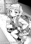  1girl backpack bag bench blush candy collared_shirt food greyscale highres jacket long_hair looking_at_viewer monochrome open_clothes open_jacket original randoseru shirt shoes sitting skirt smile sneakers solo two_side_up uousa-ou 