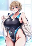  1girl anchor_symbol black_one-piece_swimsuit blue_eyes blush breasts brown_hair cleavage collarbone commentary_request competition_swimsuit covered_navel hair_between_eyes heart highleg highleg_swimsuit highres huge_breasts indoors intrepid_(kancolle) jacket kantai_collection kyogoku_shin large_breasts looking_at_viewer one-piece_swimsuit open_clothes open_jacket ponytail short_hair smile solo swimsuit water 