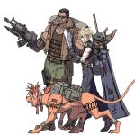  3boys arm_cannon armor backpack bag baggy_pants barret_wallace black_gloves blonde_hair bracelet brown_vest cloud_strife commentary_request dark-skinned_male dark_skin decoponmagi dog_tags facial_hair final_fantasy final_fantasy_vii final_fantasy_vii_rebirth final_fantasy_vii_remake from_side full_body gloves green_pants hardedge_(sword) highres holding holding_map huge_weapon jewelry map multiple_boys orange_fur pants red_hair red_xiii short_hair shoulder_armor shoulder_tattoo sleeveless sleeveless_turtleneck spiked_hair sunglasses sweater sword sword_on_back tattoo turtleneck turtleneck_sweater vest walking weapon weapon_on_back white_background 