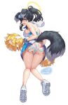  1girl animal_ears ass bikini bikini_top_only black_hair blue_archive blue_eyes blue_skirt blush bracelet breasts cameltoe cheerleader disembodied_limb dog_ears dog_girl dog_tail fang from_behind gonster halo hibiki_(blue_archive) hibiki_(cheer_squad)_(blue_archive) highres jewelry leg_between_thighs looking_at_viewer median_furrow medium_breasts millennium_cheerleader_outfit_(blue_archive) miniskirt official_alternate_costume official_alternate_hairstyle panties pom_pom_(cheerleading) see-through_panties shoes sideboob signature simple_background skin_fang skirt sneakers solo sweat swimsuit tail twisted_torso two-tone_skirt underwear very_sweaty wet wet_clothes wet_panties white_background white_bikini white_skirt yellow_halo 
