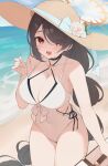  arm_up beach black_hair blue_archive blue_ribbon breasts flower hair_over_one_eye halo halterneck hat hat_flower hat_ribbon highres hinata_(blue_archive) hinata_(swimsuit)_(blue_archive) holding_case large_breasts one-piece_swimsuit open_mouth red_eyes ribbon sun_hat swimsuit three_quarter_view usami_0288 
