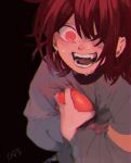  1other androgynous brown_background brown_hair child constricted_pupils corogarucoromo deltarune grey_sweater hair_over_one_eye hands_on_own_chest heart highres holding holding_heart kris_(deltarune) long_sleeves open_mouth other_focus red_eyes short_hair signature simple_background solo sweat sweater teeth upper_body wide-eyed 
