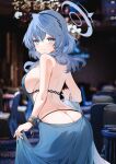  1girl ako_(blue_archive) ako_(dress)_(blue_archive) ass back backless_dress backless_outfit bare_arms bare_shoulders blue_archive blue_dress blue_eyes blue_hair blue_halo blurry blurry_background blush breasts butt_crack closed_mouth dress from_behind hair_ornament hairband halo highres indoors large_breasts looking_at_viewer looking_back medium_hair solo standing yukineko1018 