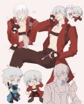  belt_bra blue_coat blue_eyes chibi chibi_inset coat dante_(devil_may_cry) devil_may_cry_(series) devil_may_cry_3 fingerless_gloves food gloves highres holding holding_spoon ice_cream looking_at_viewer male_focus multiple_boys red_coat spoon sundae sword vergil_(devil_may_cry) weapon weibo_5936922530 whipped_cream white_hair 