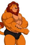  1boy absurdres ass bara bulge claws darknaigart flexing furry furry_male highres large_pectorals lion_boy looking_at_viewer male_focus male_underwear mane manly mature_male mufasa muscular muscular_male nipples no_pants orange_fur pectorals red_eyes red_fur simple_background smile solo tail the_lion_king thick_arms thick_thighs thighs topless_male underwear white_background 