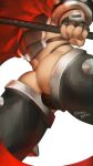  1boy ass ass_focus bad_id bad_twitter_id bara bulge cape cape_lift crotchless crotchless_pants darius_(league_of_legends) feet_out_of_frame from_below gloves head_out_of_frame highres holding holding_polearm holding_weapon league_of_legends male_focus muscular muscular_male noomppan pants polearm red_cape solo thick_thighs thighs weapon 