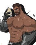  1boy abs absurdres armpit_hair bara beard biceps brown_eyes brown_hair cwaffle26 facial_hair gauntlets gloves hairy highres iron_claw large_pectorals looking_at_viewer male_focus manly mature_male muscular muscular_male nipples overwatch pectorals reaper_(overwatch) short_hair simple_background solo teeth thick_arms thick_eyebrows topless_male undercut upper_body white_background 