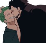  2boys aged_up beard_stubble black_eyes black_hair closed_eyes couple facial_hair green_hair hand_on_another&#039;s_chin holding_another&#039;s_head kiss male_focus mature_male monkey_d._luffy multiple_boys ns1123 one_piece roronoa_zoro scar scar_on_cheek scar_on_face short_hair sideburns simple_background smile stubble upper_body white_background yaoi 