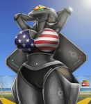 a_drunk_dragon aircraft american_flag american_flag_clothing big_breasts breasts f-23 female green_eyes hands_behind_head hi_res living_aircraft living_machine living_vehicle machine navel navel_piercing piercing thick_thighs u.s._air_force united_states_of_america vehicle yf-23 yf-23_black_widow