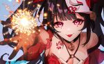  1girl :p bare_shoulders bell black_gloves breasts chest_tattoo cleavage commentary_request facial_mark gloves honkai:_star_rail honkai_(series) jingle_bell kmes_niku looking_at_viewer neck_bell solo sparkle_(honkai:_star_rail) tattoo tongue tongue_out twintails upper_body 