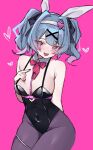  1girl :d absurdres animal_ears arm_behind_back bare_shoulders black_leotard black_nails black_pantyhose blue_eyes blue_hair blush bow bowtie breasts contrapposto covered_navel detached_collar fake_animal_ears hair_intakes hairband hatsune_miku heart highleg highleg_leotard highres large_breasts leotard looking_at_viewer miclipse nail_polish open_mouth pantyhose pink_background pink_pupils playboy_bunny rabbit_ears rabbit_hole_(vocaloid) red_bow red_bowtie short_hair short_twintails sidelocks simple_background smile solo teardrop_facial_mark twintails white_hairband 