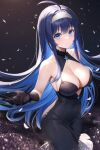  1girl absurdres ahoge bare_shoulders black_dress black_gloves blue_eyes blue_hair blush breasts cleavage clothing_cutout cocktail_dress collarbone confetti djhlaod dress gloves highres large_breasts looking_at_viewer orie_ballardiae_harada smile solo stomach_cutout under_night_in-birth 