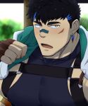  1boy bandaid bandaid_on_face bandaid_on_nose bara black_hair blue_hair blurry blurry_background blush close-up crave_saga ear_piercing earrings fingerless_gloves gae_bolg_(crave_saga) gloves hood hoodie jewelry large_pectorals leather leather_belt male_focus manly mature_male military_vehicle motor_vehicle multicolored_hair nattukre nipples open_mouth pectorals piercing rain short_hair solo spiked_hair stud_earrings tank tongue upper_body water water_drop wet yellow_eyes 