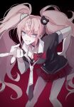  1girl bear_hair_ornament big_hair black_shirt blue_eyes bow breasts cheong_(nept1211) choker cleavage collarbone danganronpa:_trigger_happy_havoc danganronpa_(series) dot_nose enoshima_junko eyelashes fingernails gradient_background grin hair_ornament hand_on_own_hip highres long_bangs long_fingernails long_hair looking_at_viewer medium_breasts nail_polish necktie pale_skin pink_hair red_background red_bow red_nails red_skirt shirt shirt_bow sidelocks skinny skirt sleeves_rolled_up slim_legs smile solo twintails two-tone_necktie v very_long_hair white_necktie 
