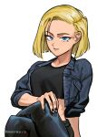  1girl absurdres android_18 atoroux blonde_hair blue_eyes crop_top cropped_jacket crossed_legs denim denim_jacket dragon_ball dragon_ball_super forehead hand_on_own_knee highres jacket jeans light_smile midriff pants short_hair simple_background solo 