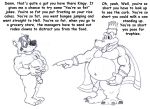 anthro armband badger biped black_and_white bruce_(brucebadger) brucebadger cape claws clothing crazy_eyes crown dialogue donkey_kong_(series) duo english_text fat_joke genitals gesture hand_gesture headgear height_teasing holding_stomach humanoid_genitalia humanoid_penis king_k._rool male male/male mammal monochrome musclegut muscular muscular_male mustelid musteline navel nintendo nude overweight overweight_male penis pointing simple_background smile teeth_showing text white_background