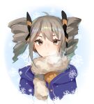  1girl ahoge black_bow blue_jacket bow bronya_zaychik bronya_zaychik_(snowy_sniper) closed_mouth cropped_torso drill_hair english_commentary grey_eyes grey_hair hair_bow honkai_(series) honkai_impact_3rd jacket juine looking_at_viewer scarf shirt snowflakes solo twin_drills white_background white_scarf yellow_shirt 