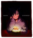  1girl absurdres air_shakur_(umamusume) animal_ears asymmetrical_bangs birthday_cake cake candle closed_mouth elbow_rest eyebrow_piercing food grey_hoodie happy_birthday highres hood hood_down hoodie horse_ears long_sleeves piercing raised_eyebrows samedonburi sitting sleeves_past_wrists smile solo table umamusume upper_body yellow_eyes 