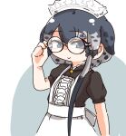  1girl :&gt; adjusting_eyewear alternate_costume apron asihire back_bow black_dress blowhole blue_eyes blush bow collar cowboy_shot dress enmaided frilled_collar frills glasses grey_hair high_collar kemono_friends kemono_friends_3 looking_at_viewer maid maid_apron maid_headdress multicolored_hair narwhal_(kemono_friends) official_alternate_costume puffy_short_sleeves puffy_sleeves short_hair short_hair_with_long_locks short_sleeves solo whale_girl white_apron 