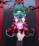  1girl bad_id bad_twitter_id bow dress feet_out_of_frame frilled_bow frilled_dress frilled_ribbon frills front_ponytail green_eyes green_hair green_nails hair_bow hair_ribbon kagiyama_hina looking_at_viewer neon_(co2co8) puffy_short_sleeves puffy_sleeves red_bow red_dress red_ribbon ribbon short_sleeves smile solo touhou water 