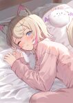  1girl ;3 alternate_costume animal_ear_fluff animal_ears blonde_hair blue_eyes blush crossed_bangs dog_ears dog_girl dog_tail double-parted_bangs highres hololive hololive_english long_sleeves lying mococo_abyssgard morning multicolored_hair namakatsu on_bed on_side one_eye_closed pajamas perroccino_(fuwamoco) pink_hair solo streaked_hair tail virtual_youtuber waking_up 