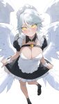 1girl absurdres alternate_breast_size alternate_costume apron black_dress black_footwear blush breasts byeon_dha cleavage dress enmaided from_above grey_hair highres kayle_(league_of_legends) large_breasts league_of_legends maid maid_headdress short_hair smile socks waist_apron white_apron yellow_eyes 