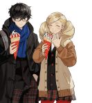  1_kdcrf 1boy 1girl amamiya_ren black-framed_eyewear black_eyes black_hair black_jacket black_pants blonde_hair blue_scarf blush brown_jacket buttons closed_eyes closed_mouth eating fingernails food glasses highres holding holding_food hood hood_down hooded_jacket jacket long_hair long_sleeves official_alternate_costume pants pantyhose persona persona_5 plaid plaid_pants plaid_skirt pocket red_pantyhose scarf school_uniform short_hair shuujin_academy_school_uniform simple_background skirt swept_bangs takamaki_anne twintails white_background winter_clothes 