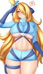 1girl anisdrawn arm_up blonde_hair blue_gloves blue_shirt blue_shorts blush breasts commentary cosplay cowboy_shot crop_top cynthia_(pokemon) gloves grin highres large_breasts long_hair long_sleeves looking_at_viewer midriff navel pokemon pokemon_bw pokemon_dppt shirt short_shorts shorts simple_background skindentation skyla_(pokemon) skyla_(pokemon)_(cosplay) smile solo standing stomach thigh_strap thighs underboob very_long_hair white_background 