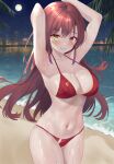  1girl arms_behind_head beach bikini breasts cityscape cleavage cowboy_shot full_moon heterochromia highres hololive houshou_marine large_breasts long_hair looking_at_viewer moon navel night nironiro_(qlcfud) ocean outdoors parted_lips red_bikini red_eyes red_hair smile solo swimsuit virtual_youtuber yellow_eyes 